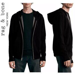 Rag & Bone York Black Wool Zip Hooded Sweatshirt Jacket Size XLarge